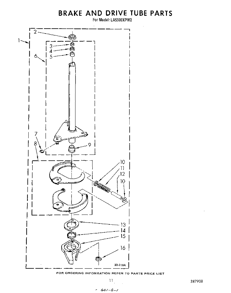 BRAKE AND DRIVE TUBE Diagram and Parts List for LA5500XPW2  Whirlpool Washer