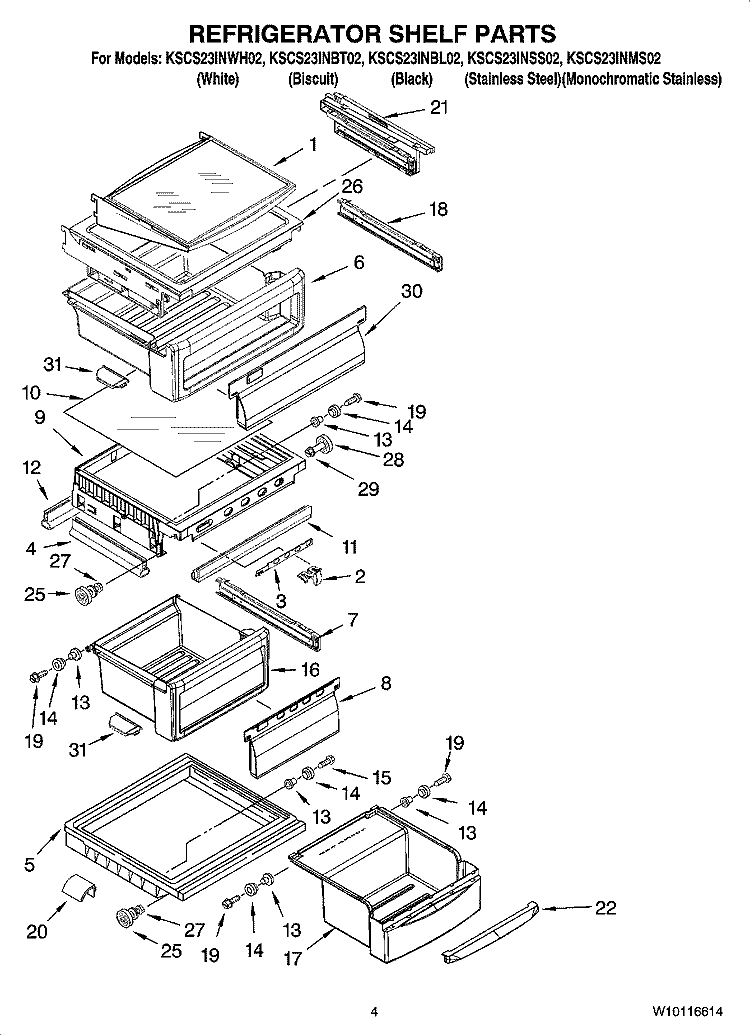 REFRIGERATOR SHELF PARTS Diagram and Parts List for KSCS23INSS02  KitchenAid Refrigerator