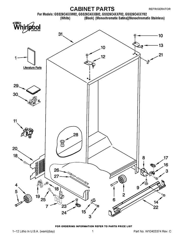 CABINET PARTS Diagram and Parts List for GSS26C4XXF02  Whirlpool Refrigerator