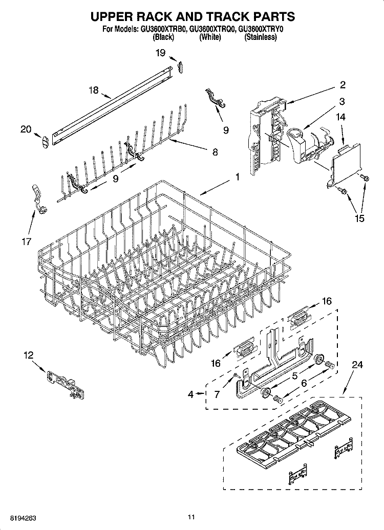 UPPER RACK AND TRACK PARTS Diagram and Parts List for GU3600XTRQ0  Whirlpool Dishwasher