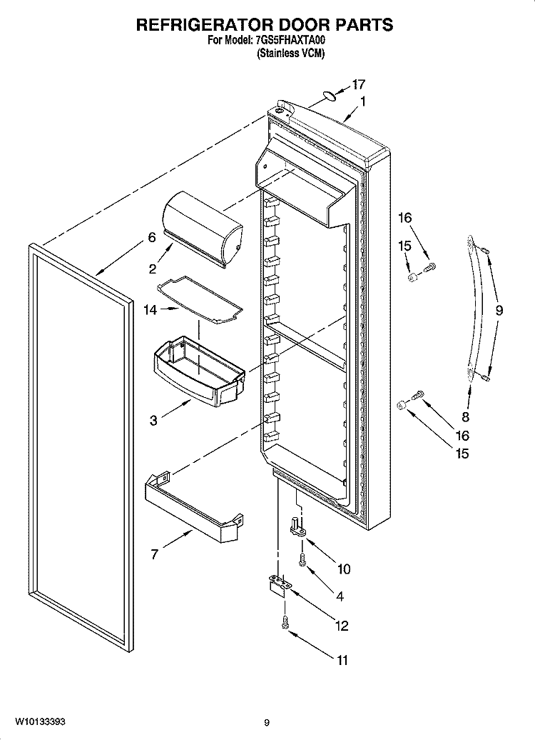 REFRIGERATOR DOOR PARTS Diagram and Parts List for 7GS5FHAXTA00  Whirlpool Refrigerator
