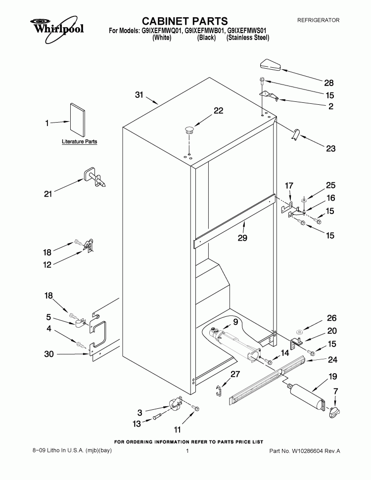 CABINET PARTS Diagram and Parts List for G9IXEFMWS01  Whirlpool Refrigerator