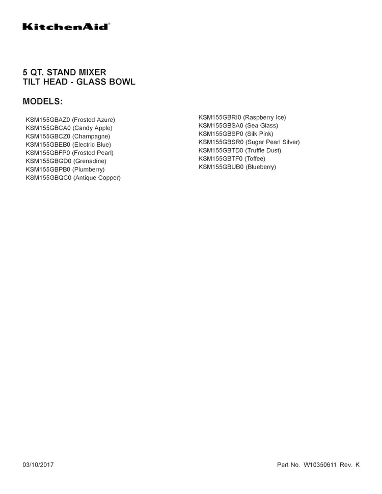 Cover Sheet Diagram and Parts List for KSM155GBSA0  KitchenAid Mixer