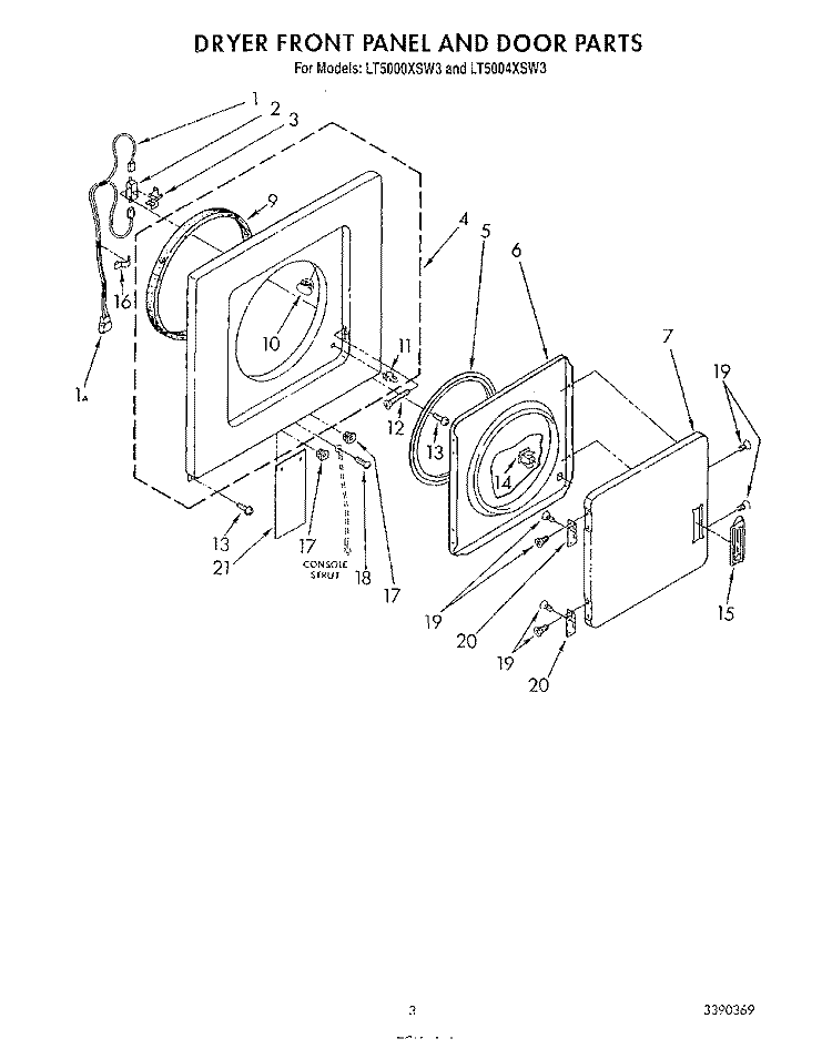DRYER FRONT PANEL AND DOOR Diagram and Parts List for LT5000XSW3  Whirlpool Washer Dryer Combo