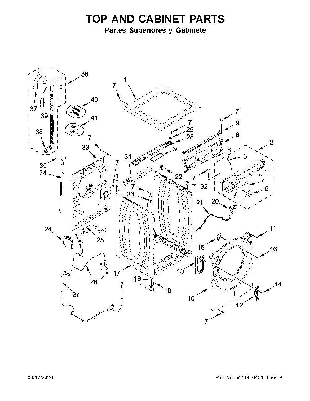 Top and cabinet parts Diagram and Parts List for 7MWFW560CHW1  Whirlpool Washer