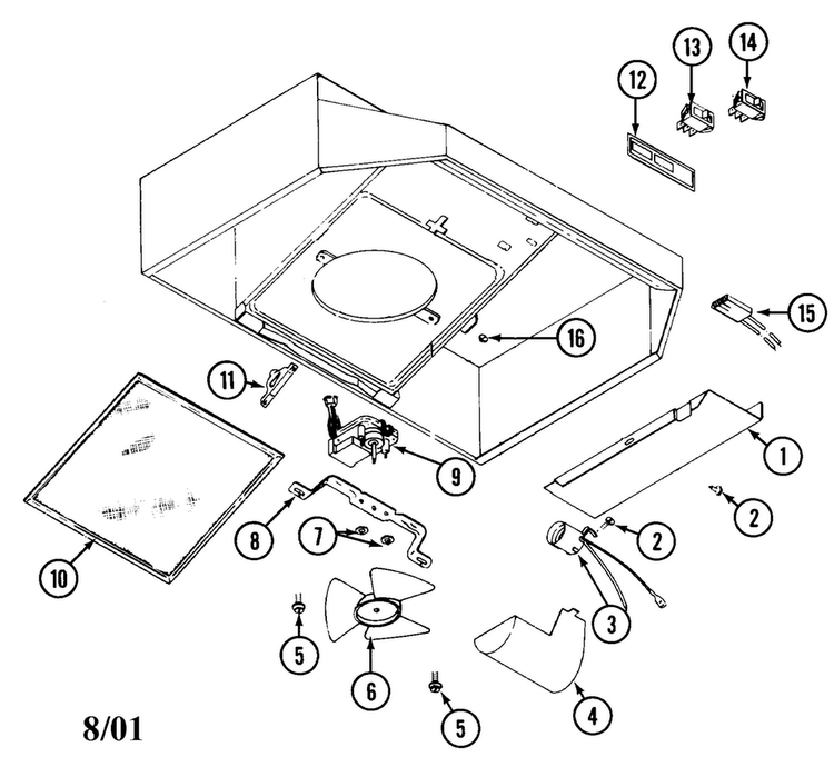 Body/internal Parts Diagram and Parts List for UXT4036AAB  Whirlpool Range Hood