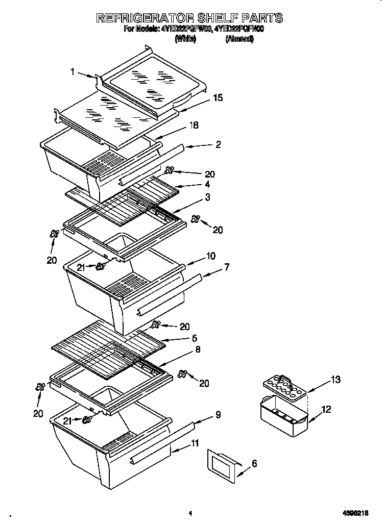 Refrigerator Shelf Diagram and Parts List for 4YED22PQFW00  Whirlpool Refrigerator