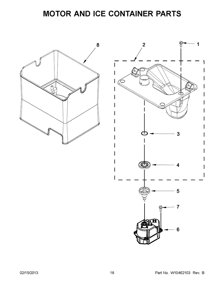 MOTOR AND ICE CONTAINER PARTS Diagram and Parts List for WRF989SDAH00  Whirlpool Refrigerator
