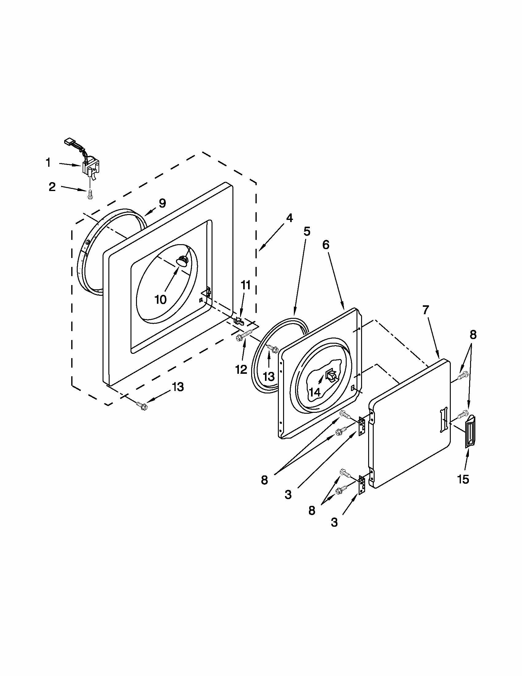 Dryer Front Panel And Door Parts Diagram and Parts List for 1109875279B  Kenmore Washer Dryer Combo