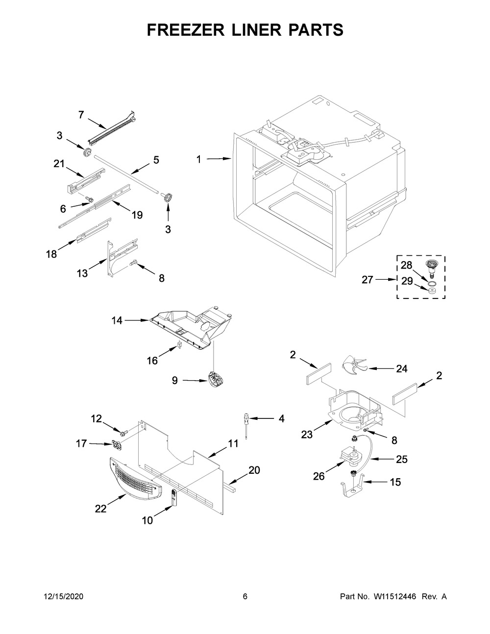 Freezer Liner Parts Diagram and Parts List for MBL1957FEZ06  Whirlpool Refrigerator