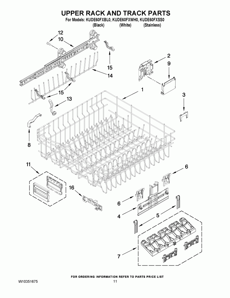 UPPER RACK AND TRACK PARTS Diagram and Parts List for KUDE60FXBL0  KitchenAid Dishwasher