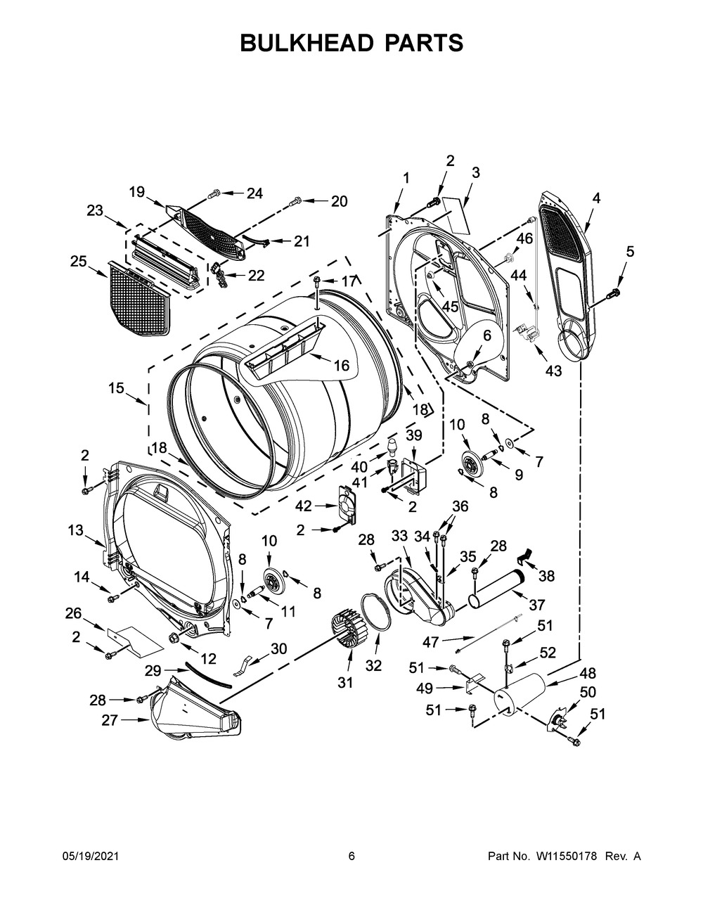 Bulkhead Parts Diagram and Parts List for MGD7230HC1  Whirlpool Dryer