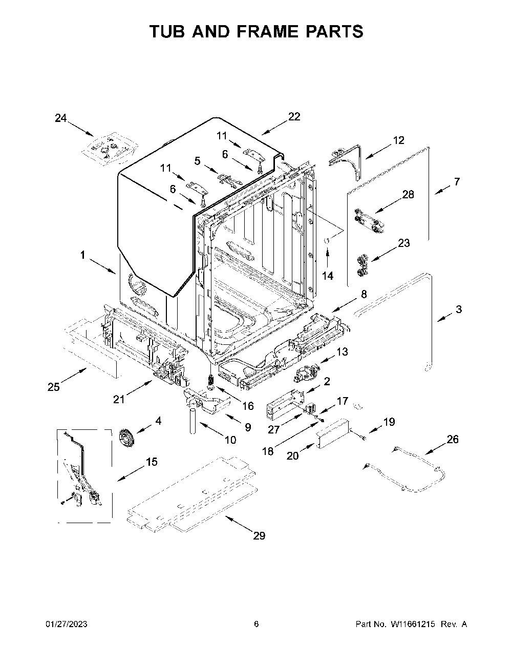 Tub And Frame Parts Diagram and Parts List for KDFE204KBL1  KitchenAid Dishwasher