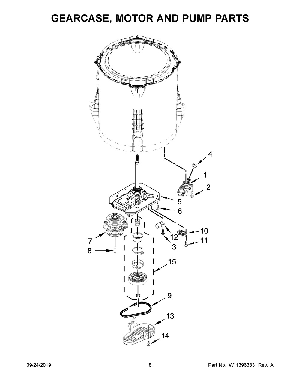Gearcase, Motor And Pump Parts Diagram and Parts List for CAW42114GW2  Whirlpool Washer