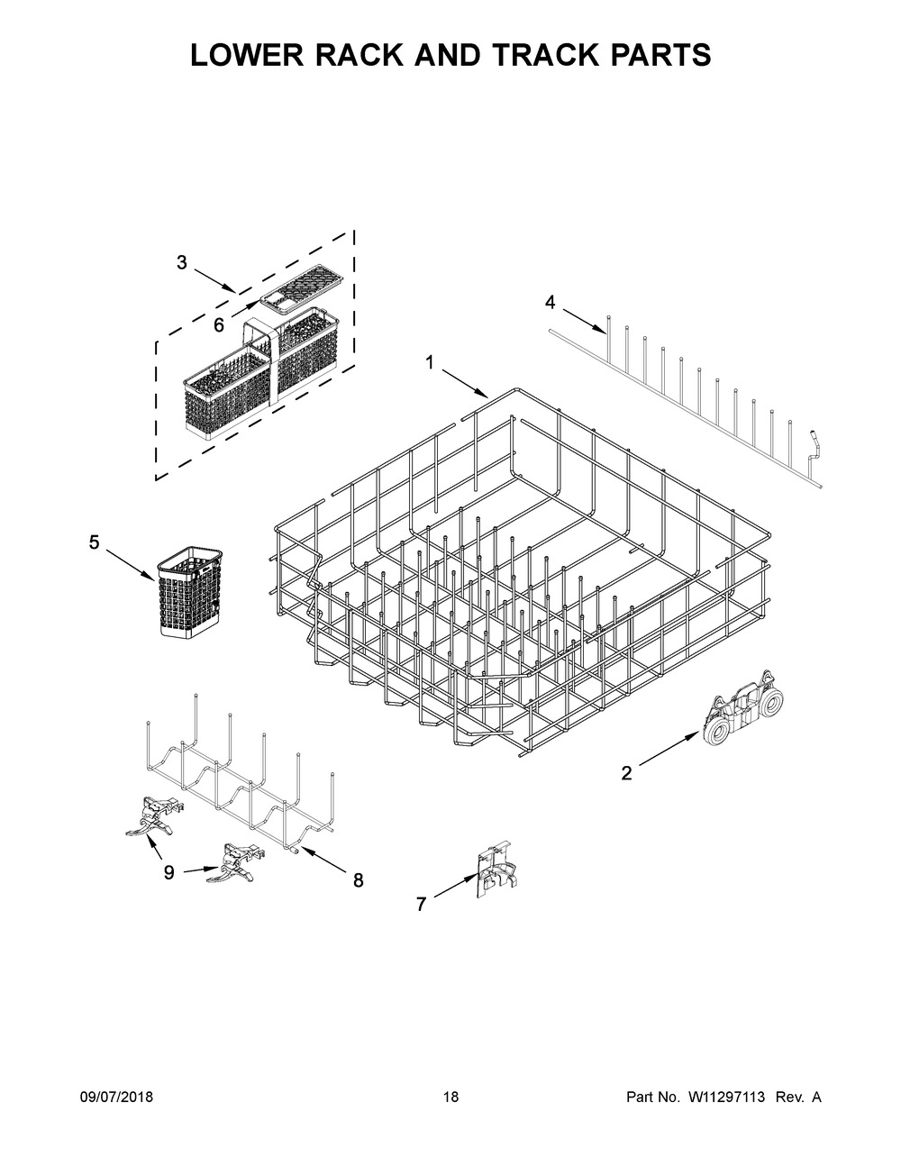 Lower Rack And Track Parts Diagram and Parts List for KDTM384ESS3  Whirlpool Dishwasher