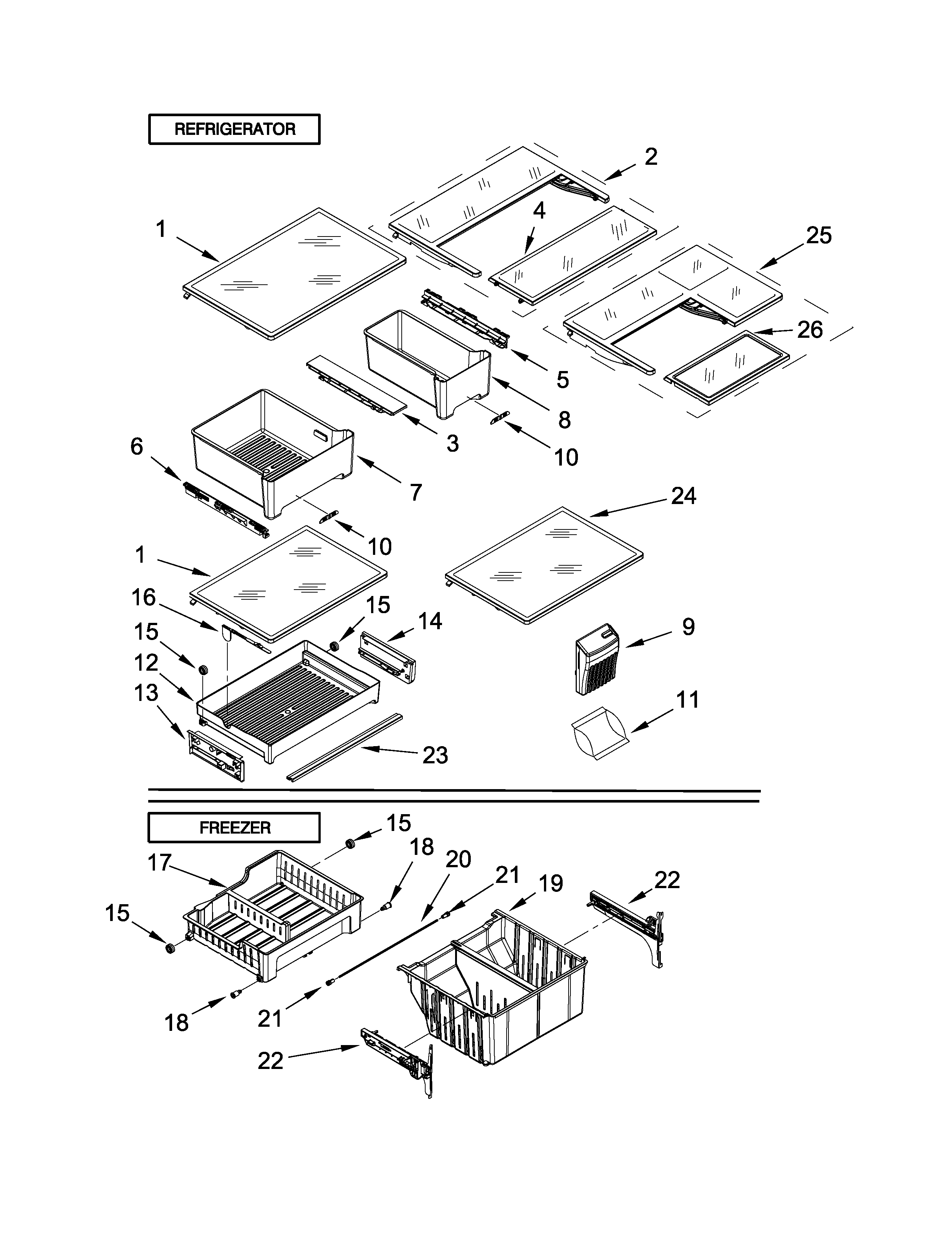 Shelf Parts Diagram and Parts List for IX5BBEXDS00  Whirlpool Refrigerator
