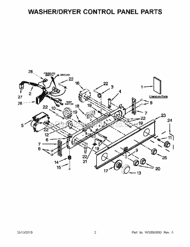 Washer/Dryer Control Panel Parts Diagram and Parts List for LTE5243DQB  Whirlpool Washer Dryer Combo