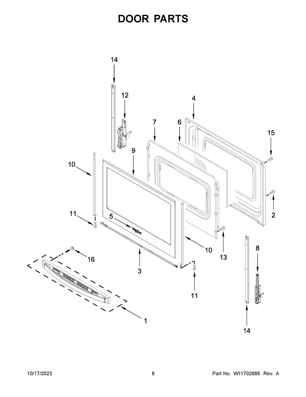 Door Parts Diagram and Parts List for WFE505W0HB6  Whirlpool Range