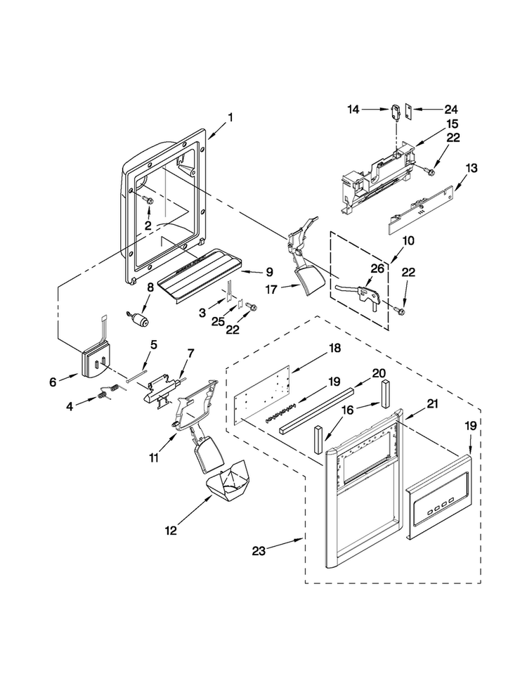Dispenser Front Parts Diagram and Parts List for 10651593011  Kenmore Refrigerator