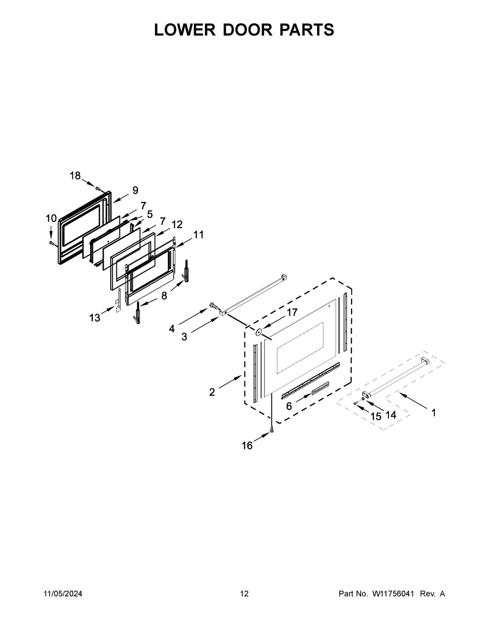 07 - Lower Door Parts Diagram and Parts List for KFGD500EWH11  Whirlpool Range