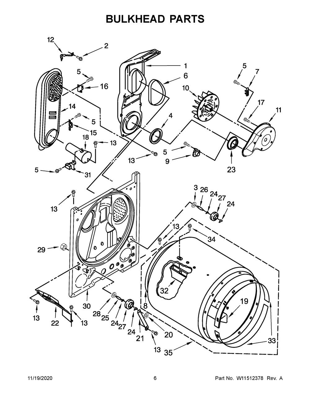 Bulkhead Parts Diagram and Parts List for 4GWGD4815FW1  Whirlpool Dryer