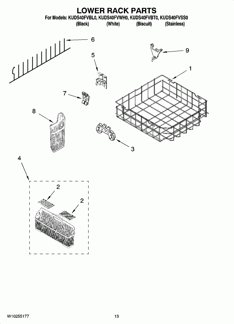 LOWER RACK PARTS Diagram and Parts List for KUDS40FVSS0  KitchenAid Dishwasher