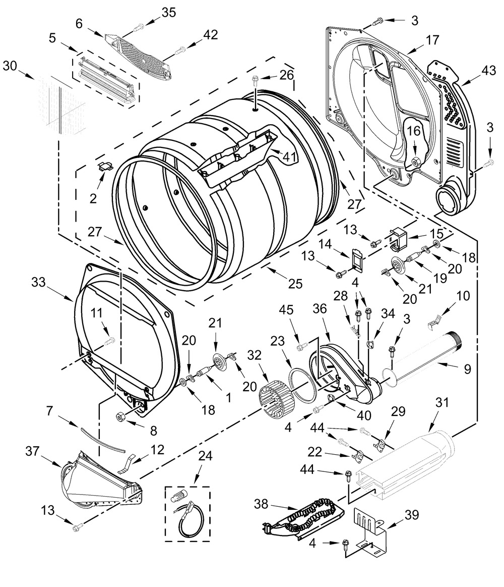 Upper And Lower Bulkhead Parts Diagram and Parts List for MLE26PDFYW0  Whirlpool Dryer