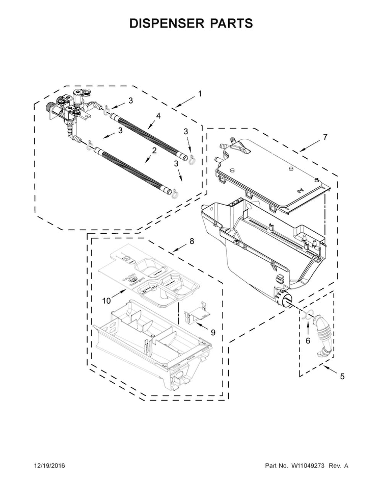 Dispenser Parts Diagram and Parts List for WFW8540FW1  Whirlpool Washer