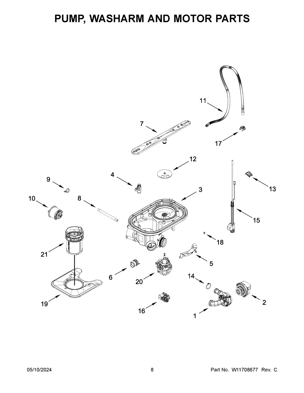 Pump, Washarm And Motor Parts Diagram and Parts List for KDTF924PPA0  KitchenAid Dishwasher