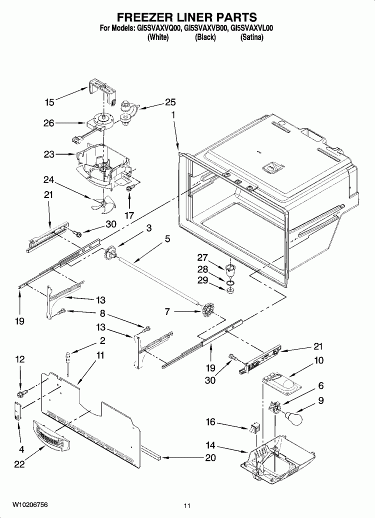 FREEZER LINER PARTS Diagram and Parts List for GI5SVAXVL00  Whirlpool Refrigerator