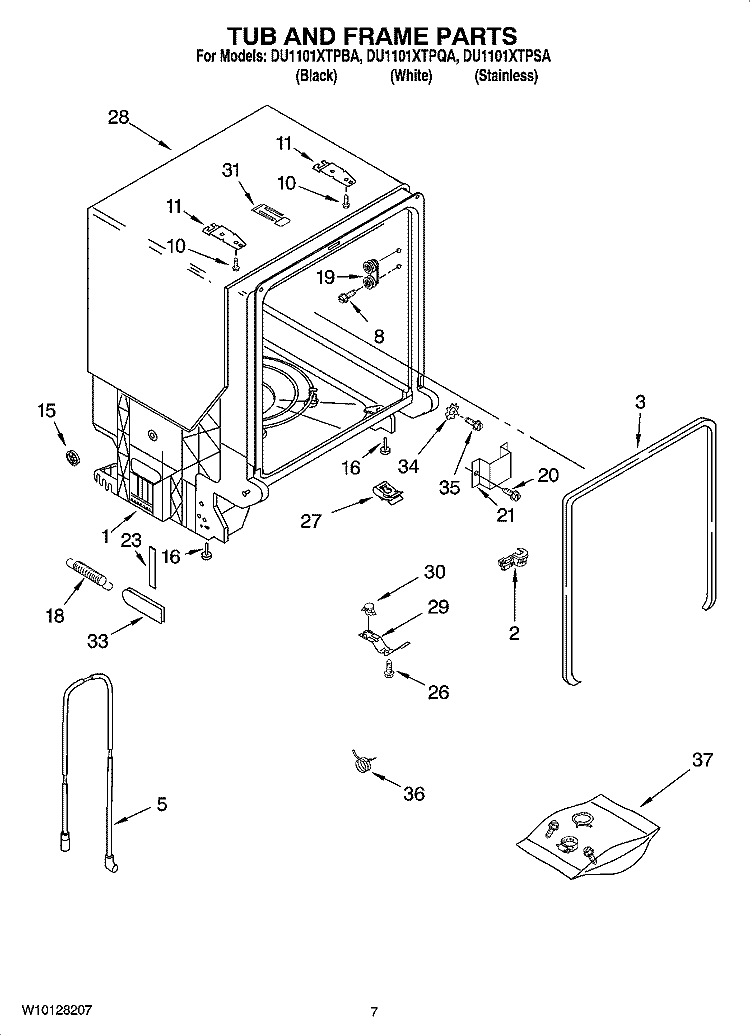 TUB AND FRAME PARTS Diagram and Parts List for DU1101XTPSA  Whirlpool Dishwasher