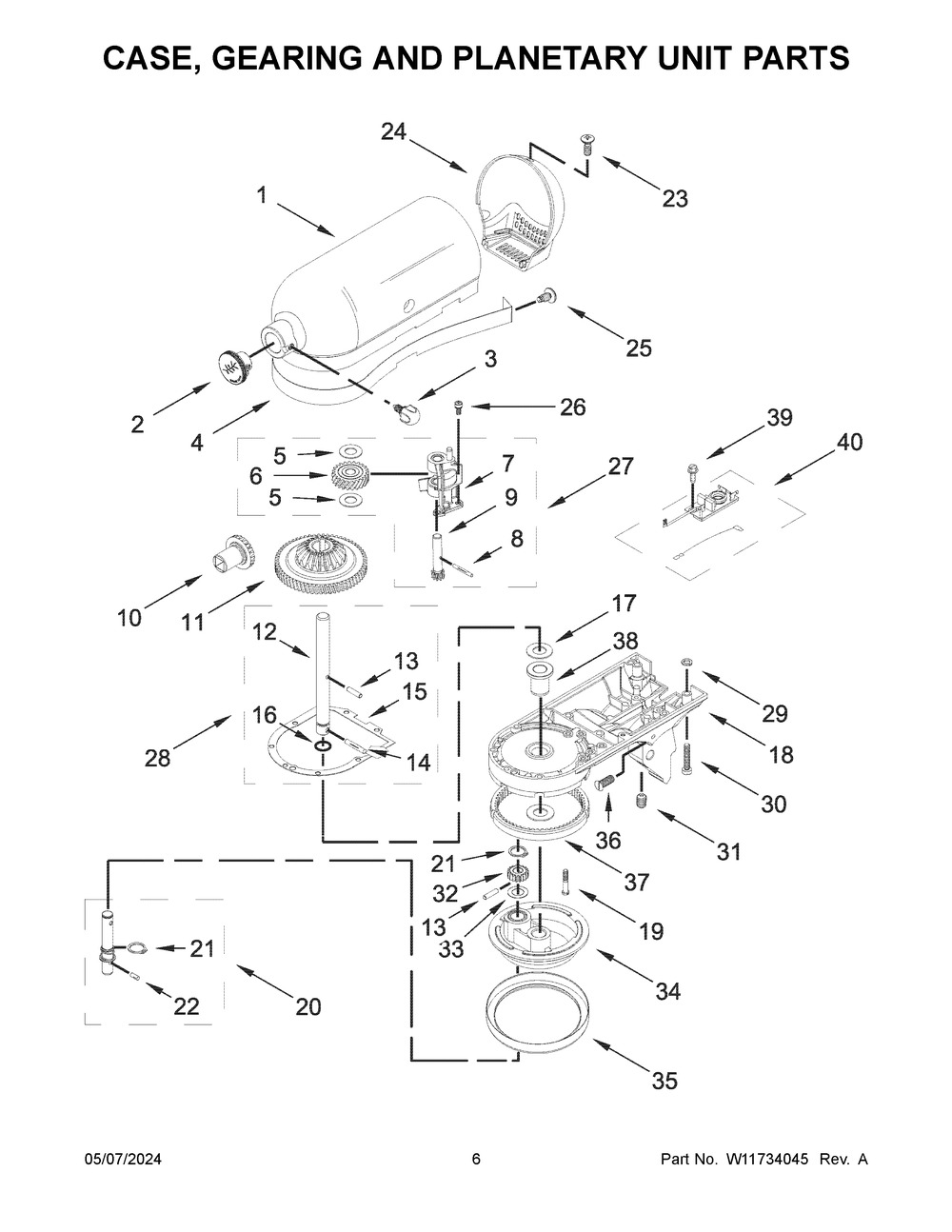 Case, Gearing And Planetary Unit Parts Diagram and Parts List for 5KSM180WSBEG5  KitchenAid Mixer