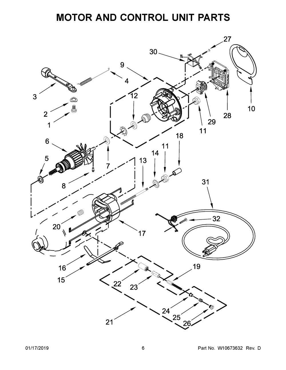 Motor And Control Unit Parts Diagram and Parts List for 5KSM150PSRIC0  Whirlpool Mixer