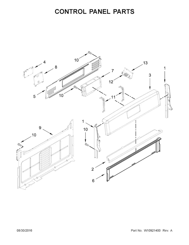 Control Panel Parts Diagram and Parts List for WFG540H0EB1  Whirlpool Range