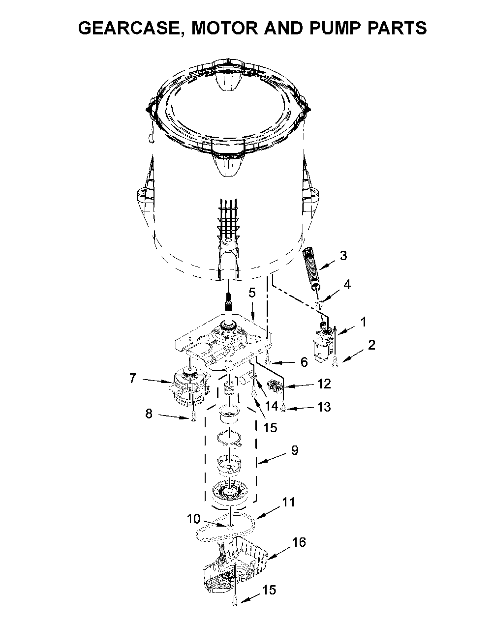 Gearcase, motor and pump parts Diagram and Parts List for WTW4955HW2  Whirlpool Washer