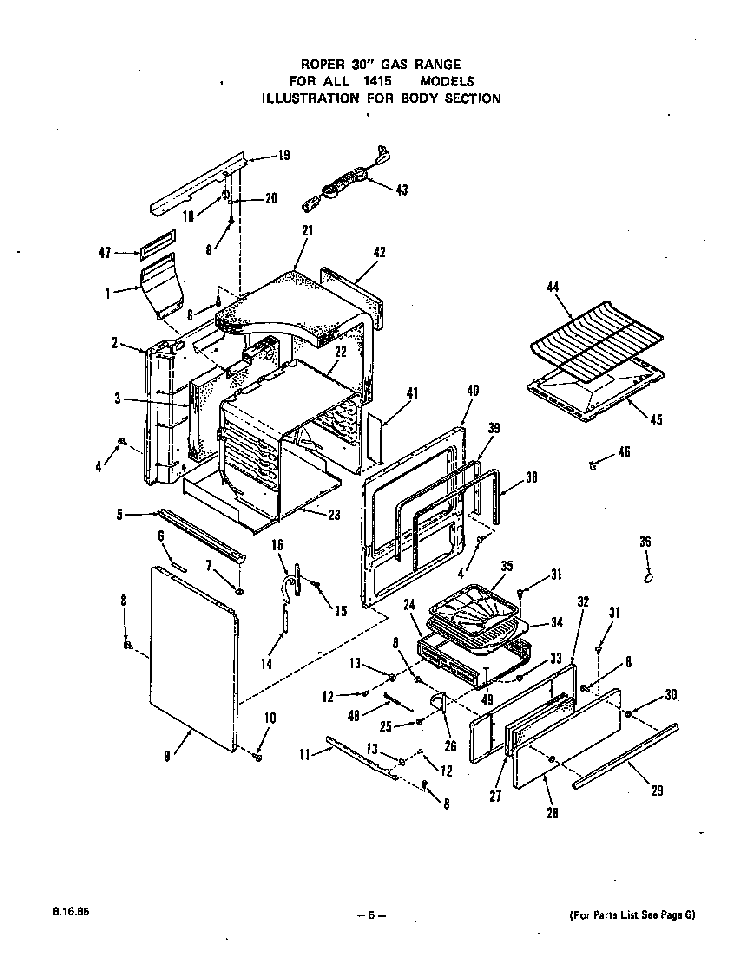 Body Diagram and Parts List for 1415*0A  Roper Range