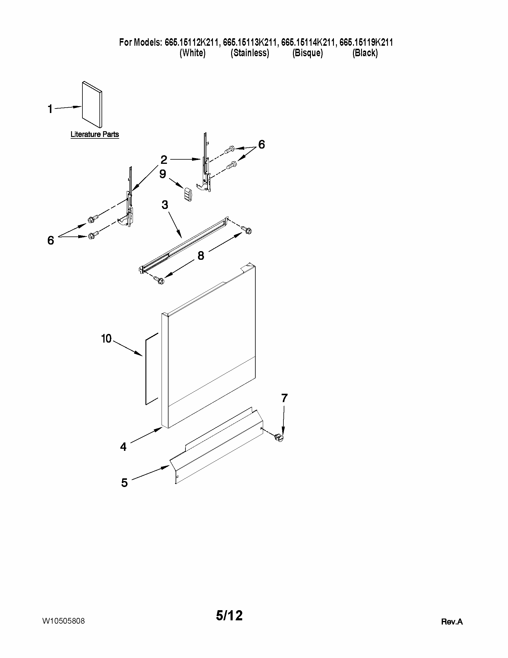 Door And Panel Parts Diagram and Parts List for 66515112K211  Kenmore Dishwasher