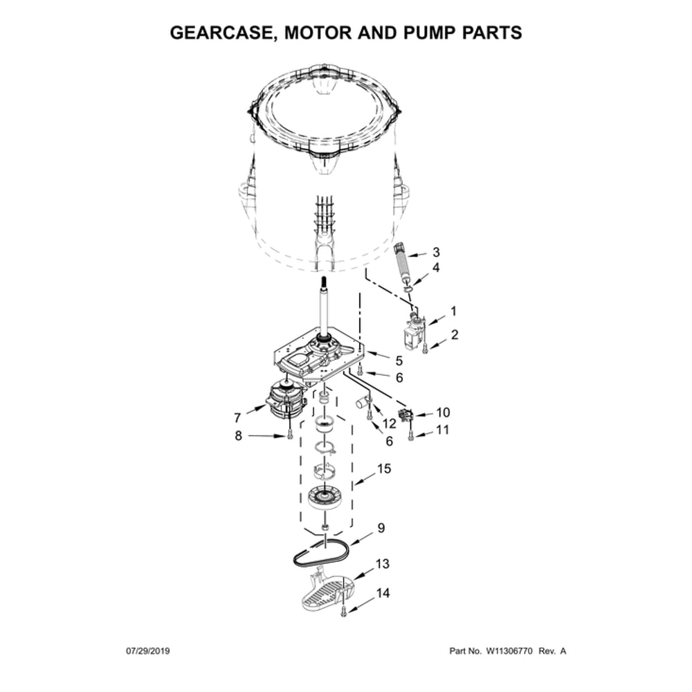 Gearcase, Motor & Pump Diagram and Parts List for CAE2745FQ1  Whirlpool Washer