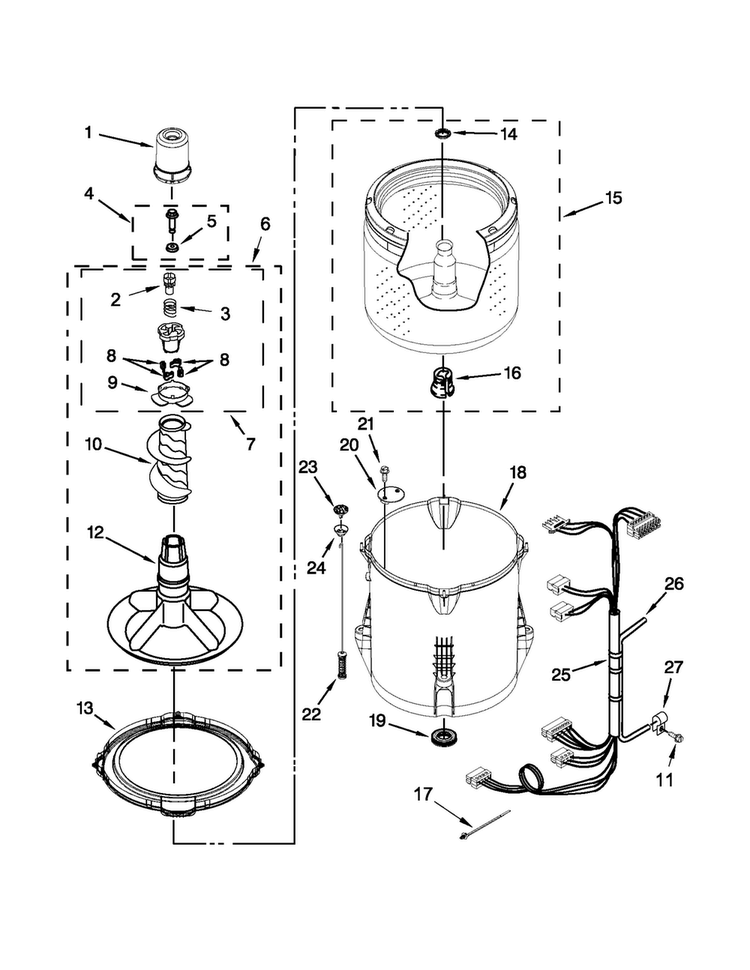 Basket And Tub Parts Diagram and Parts List for 7MWTW1706BM0  Whirlpool Washer