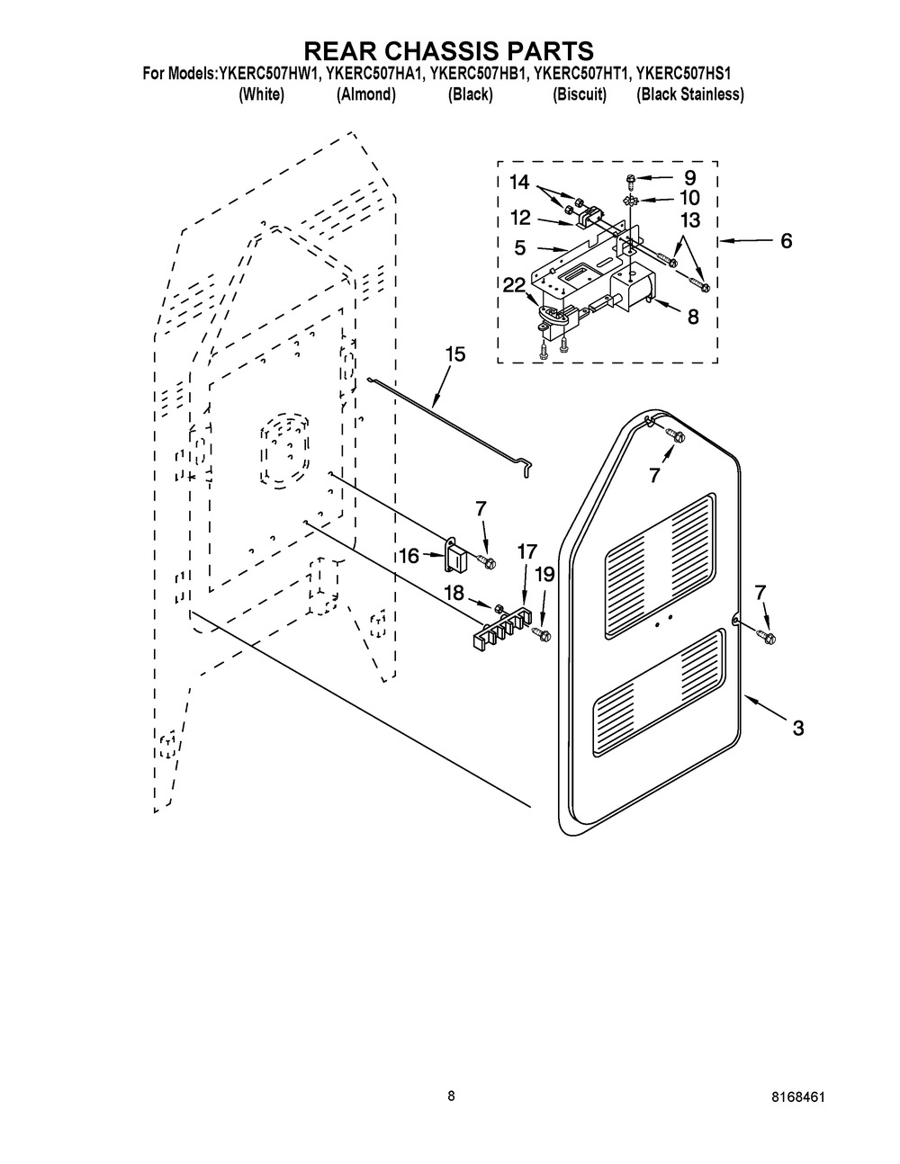 Rear Chassis Parts Diagram and Parts List for YKERC507HA1  Whirlpool Range
