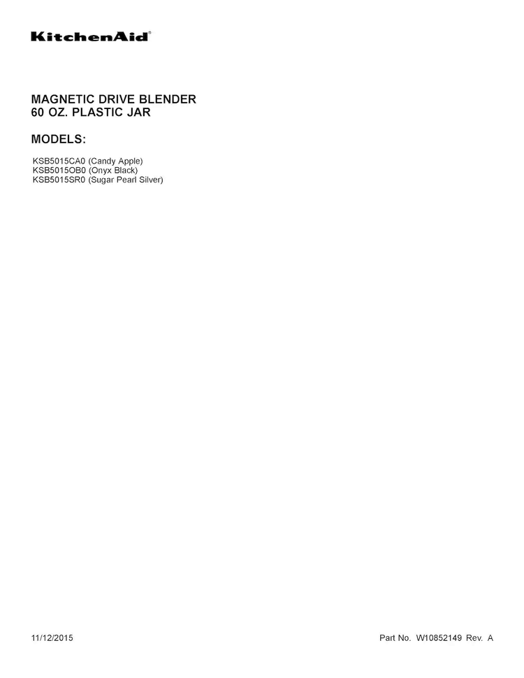 Cover Sheet Diagram and Parts List for KSB5015CA0  KitchenAid Blender