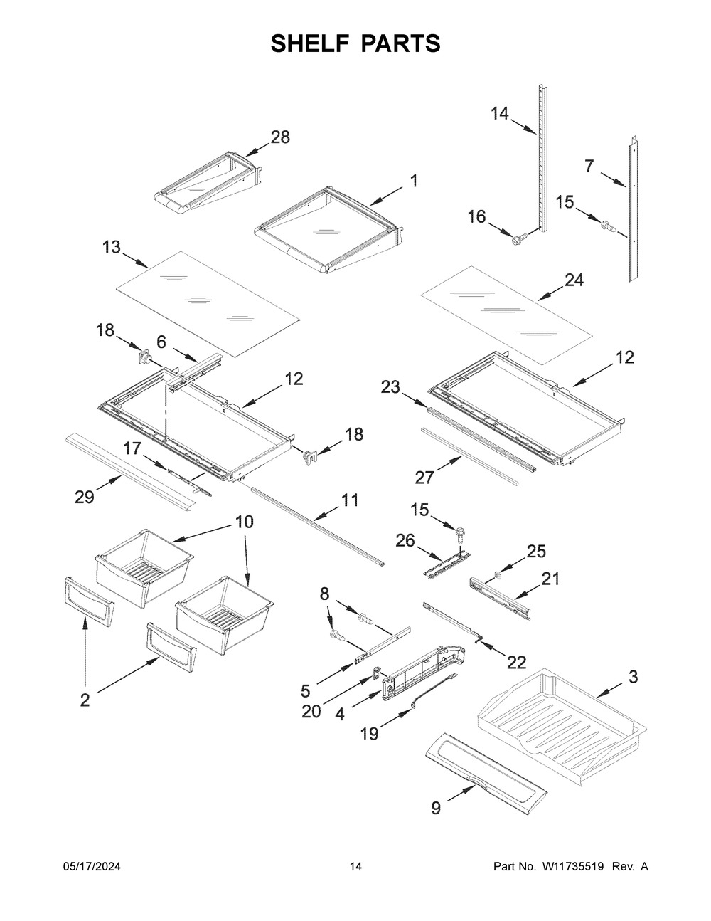 Shelf Parts Diagram and Parts List for WRF555SDHW10  Whirlpool Refrigerator