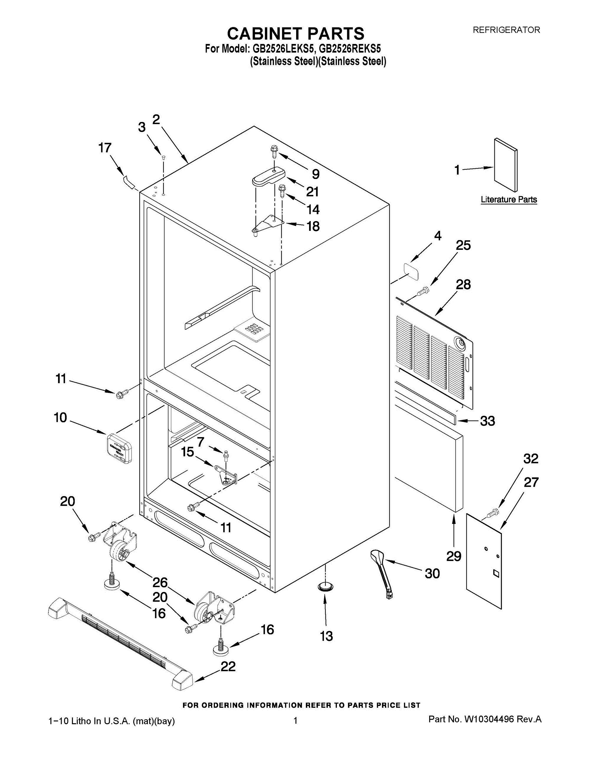 01 - CABINET PARTS Diagram and Parts List for GB2526LEKS5  Whirlpool Refrigerator