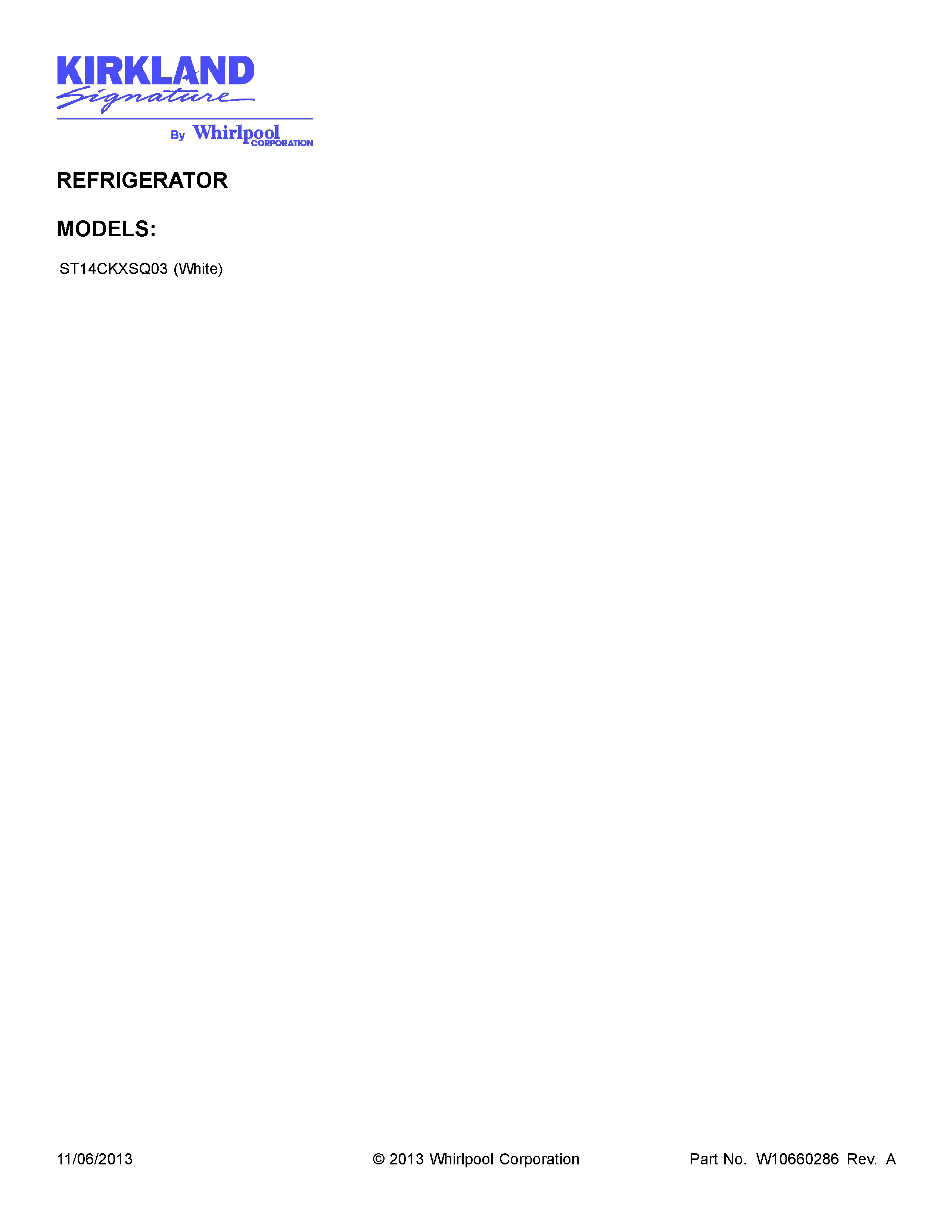 Cover Sheet Diagram and Parts List for ST14CKXSQ03  Whirlpool Refrigerator