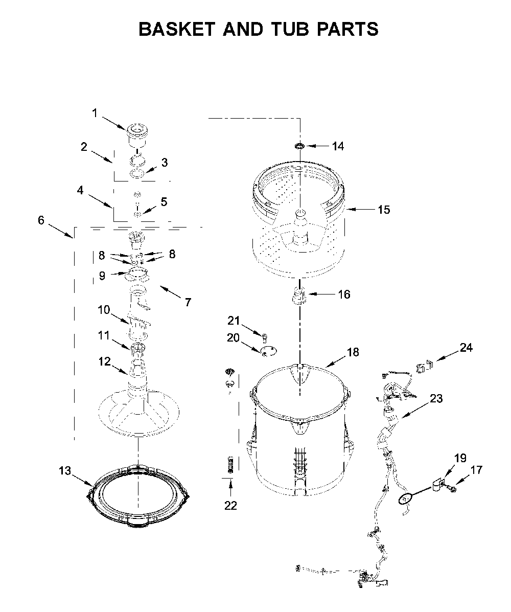 Basket and tub parts Diagram and Parts List for YWET4027HW1  Whirlpool Washer Dryer Combo
