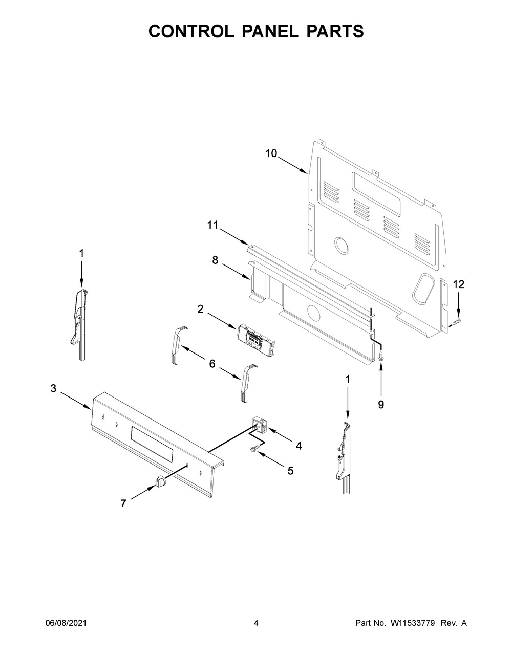 Control Panel Parts Diagram and Parts List for YWFE535S0JZ1  Whirlpool Range