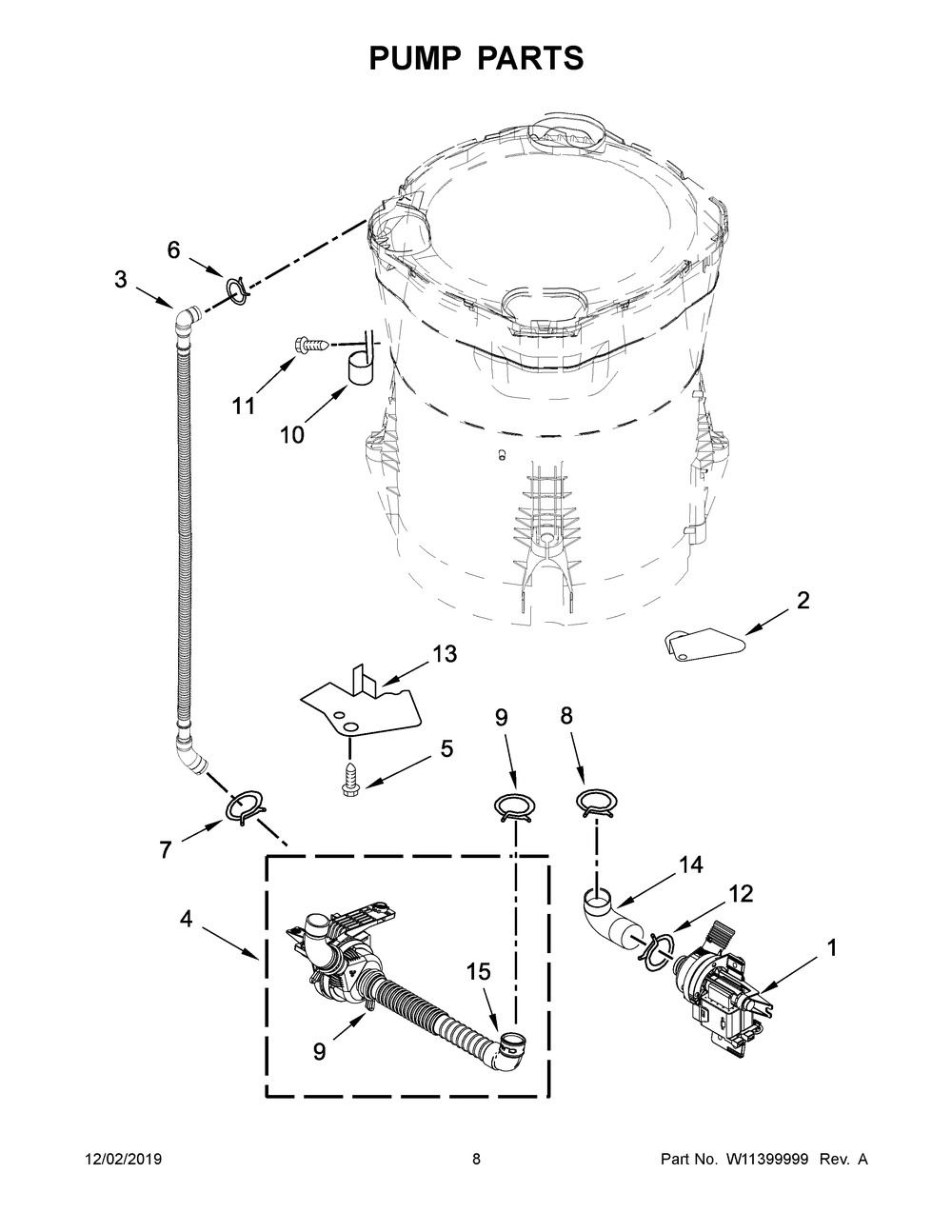 Pump Parts Diagram and Parts List for WTW8500DW6  Whirlpool Washer