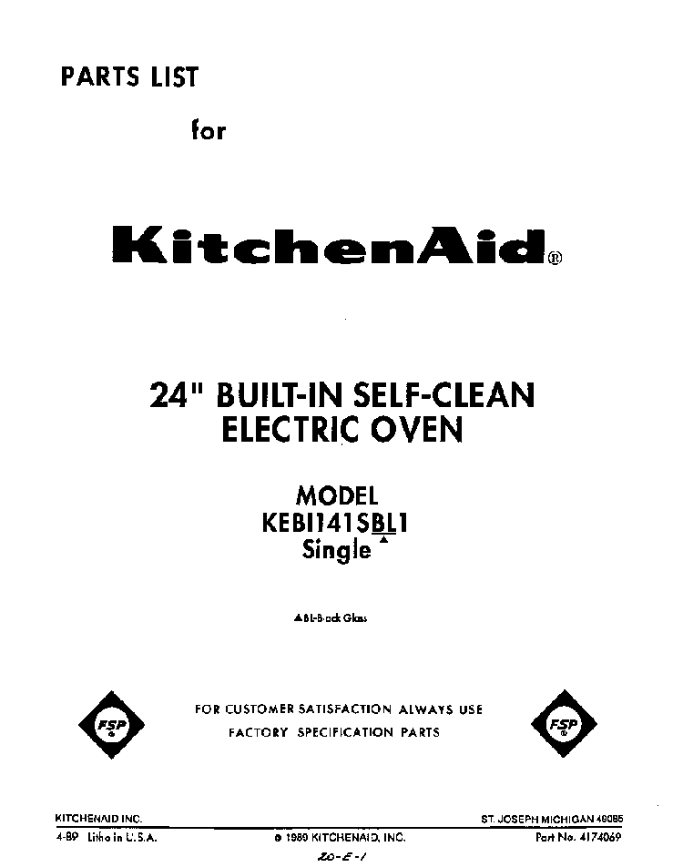 Front Cover Diagram and Parts List for KEBI141SBL1  KitchenAid Wall Oven