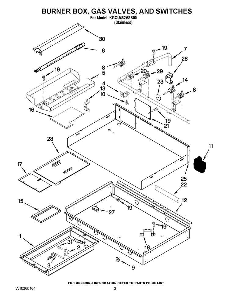 BURNER BOX, GAS VALVES, AND SWITCHES Diagram and Parts List for KGCU462VSS00  KitchenAid Cooktop