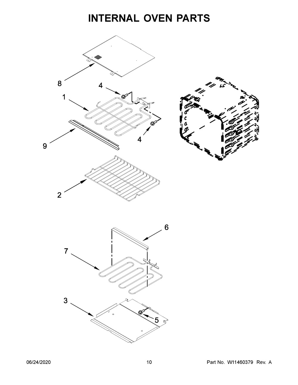 Internal Oven Parts Diagram and Parts List for KODT100ESS04  Whirlpool Microwave Oven Combo